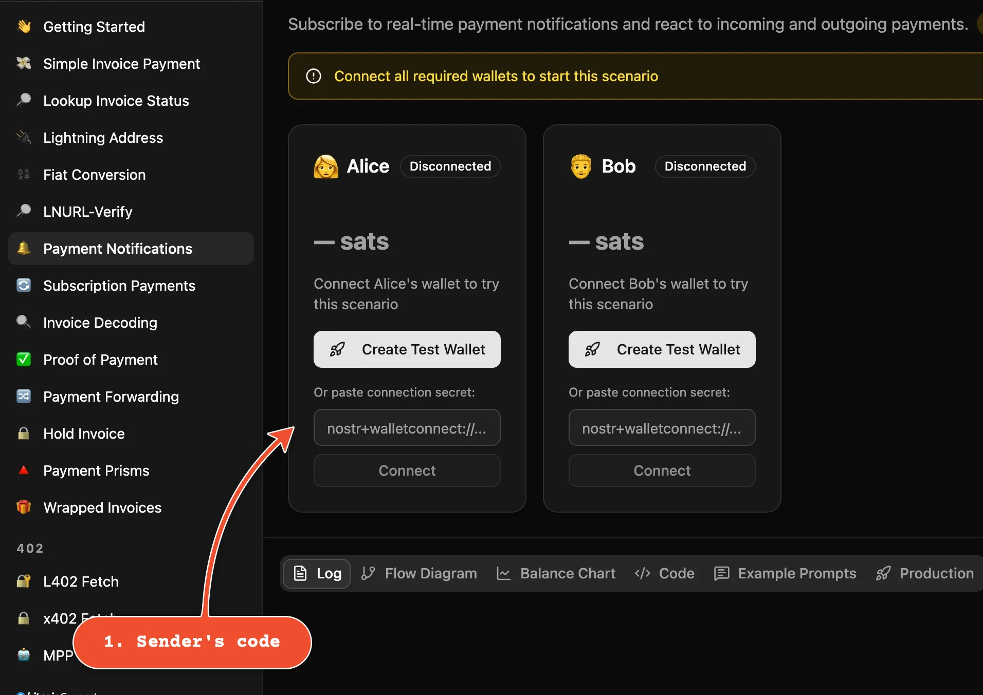 Alice sends: paste your sender NWC code here