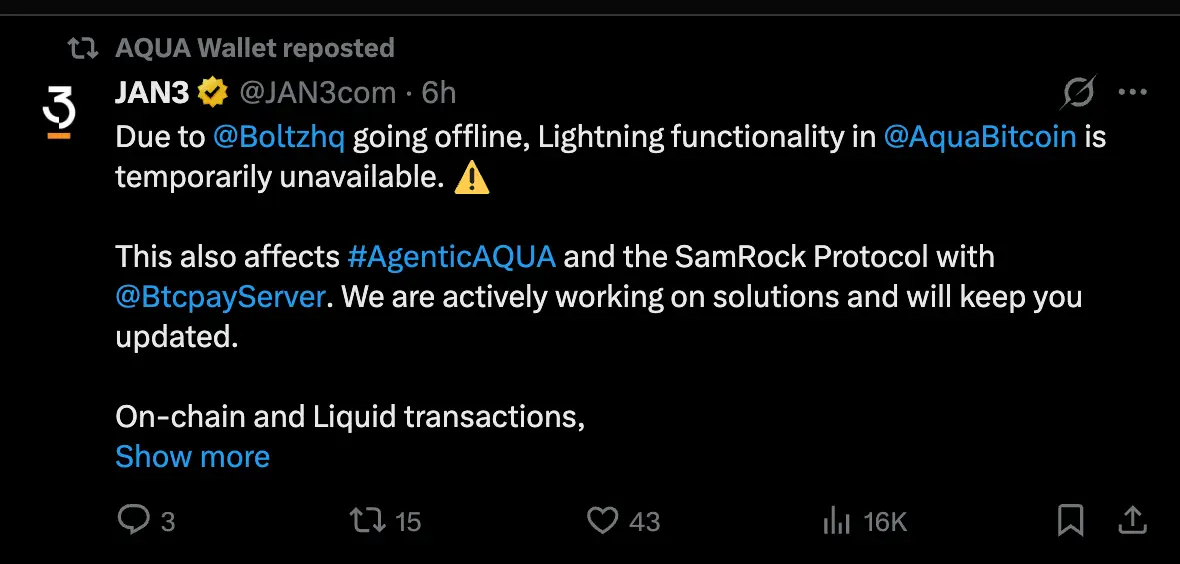JAN3 announced on August 3, 2026 that Aqua's Lightning functionality is down while Boltz is offline (@JAN3com on X)