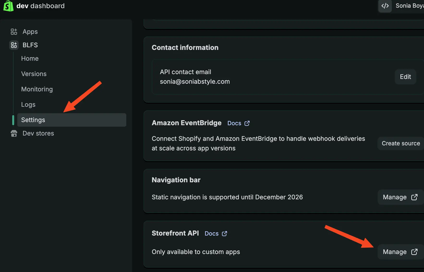 Still under Settings, scroll down to Storefront API and click "Manage"