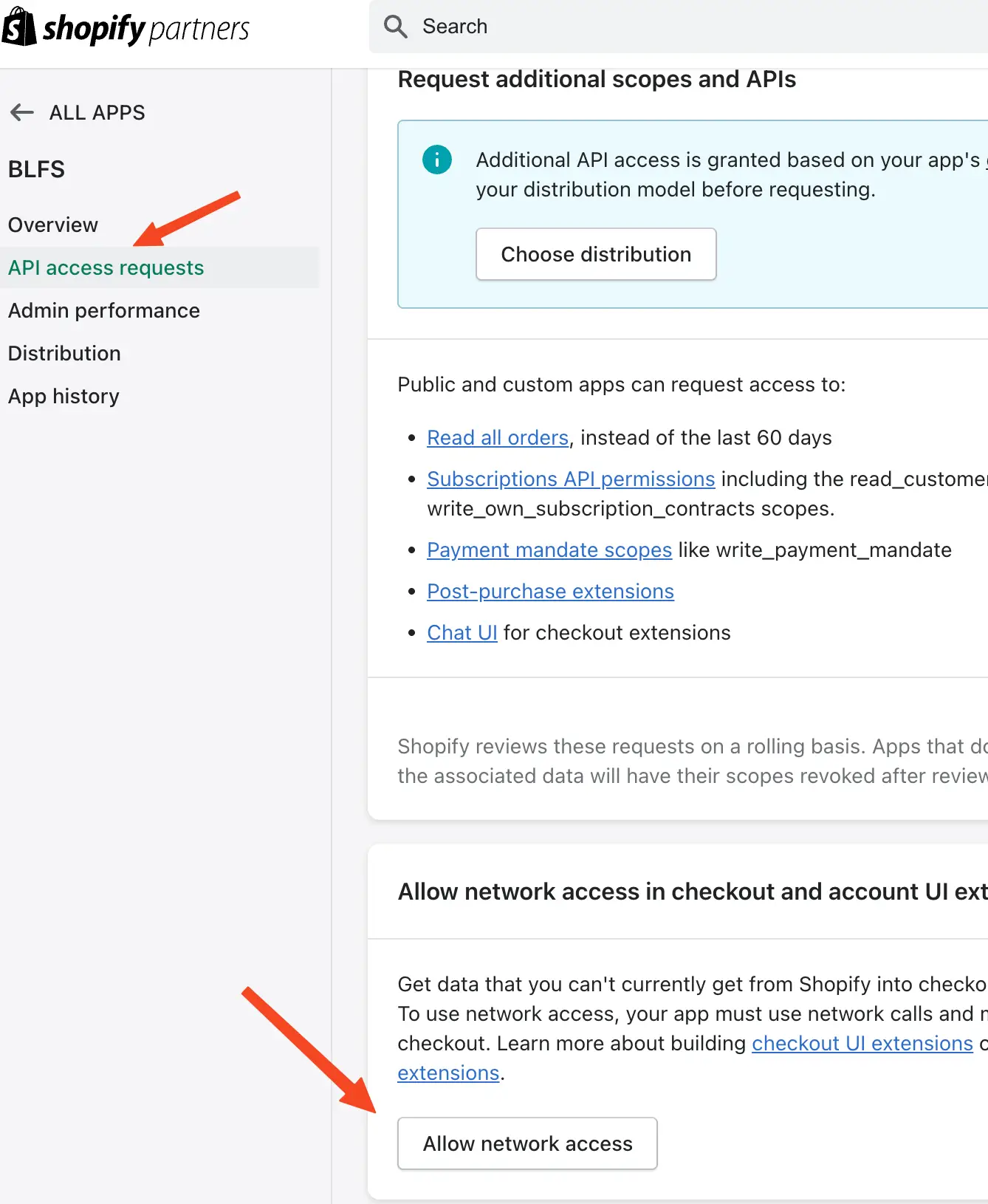 Under API access requests, scroll down and click "Allow network access"