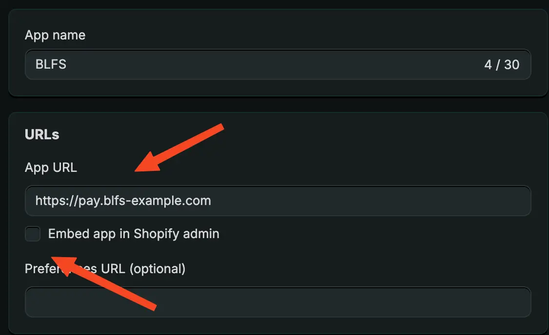 Add "https://" to the beginning of your HOSTNAME, use this for the App URL and uncheck "Embed app in Shopify admin"