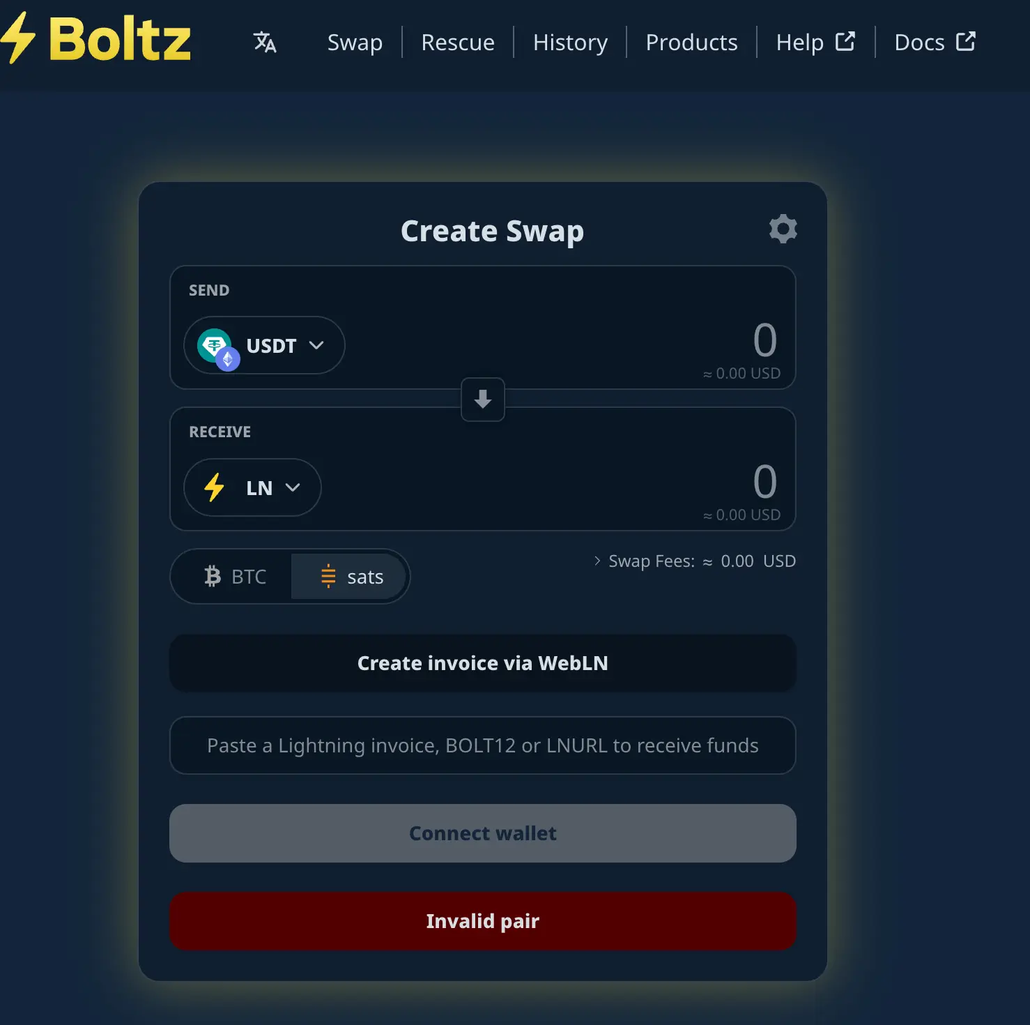 The Boltz Create Swap screen with swap services disabled