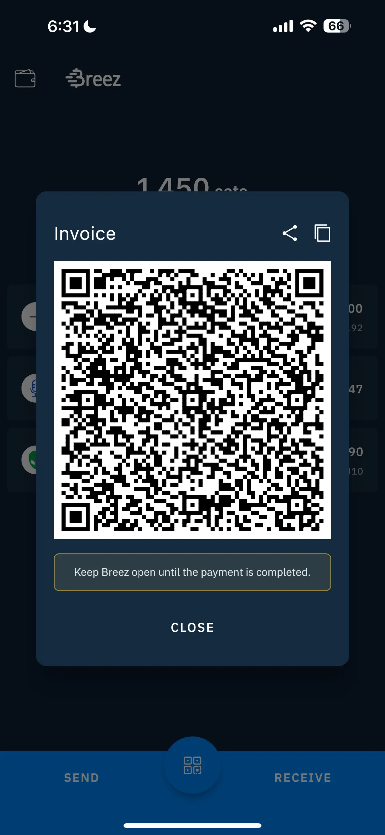 The Breez wallet, generating an invoice