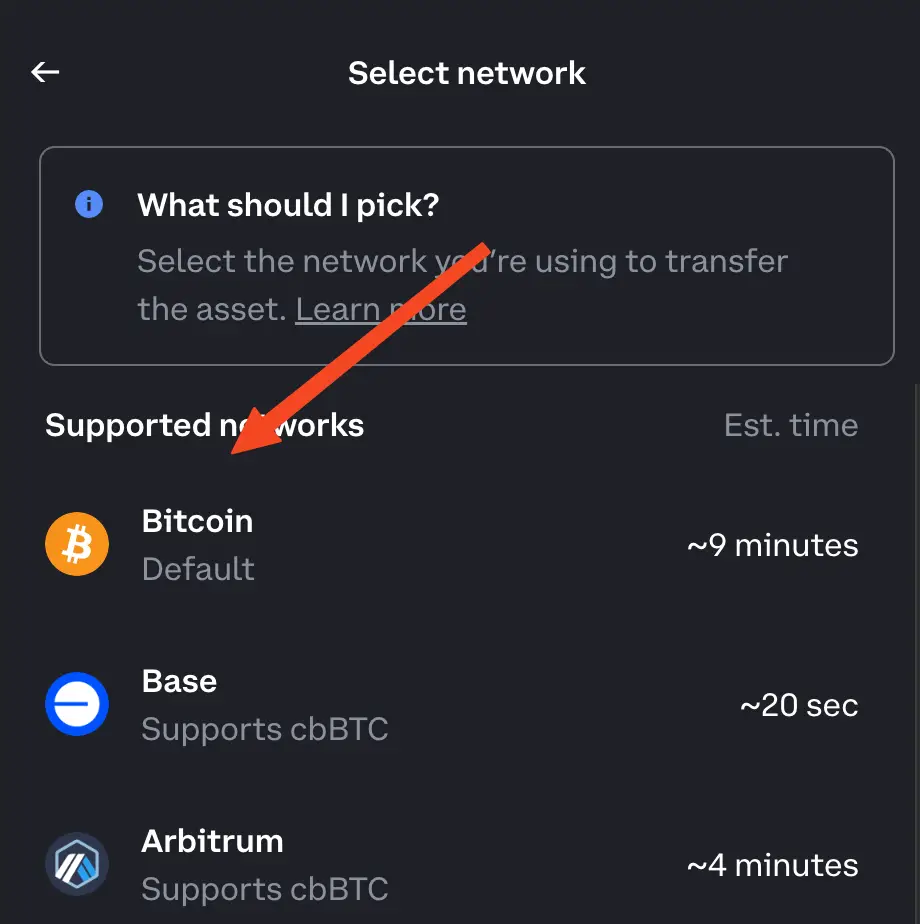 Choose the Bitcoin network (yes, we have to specify this)