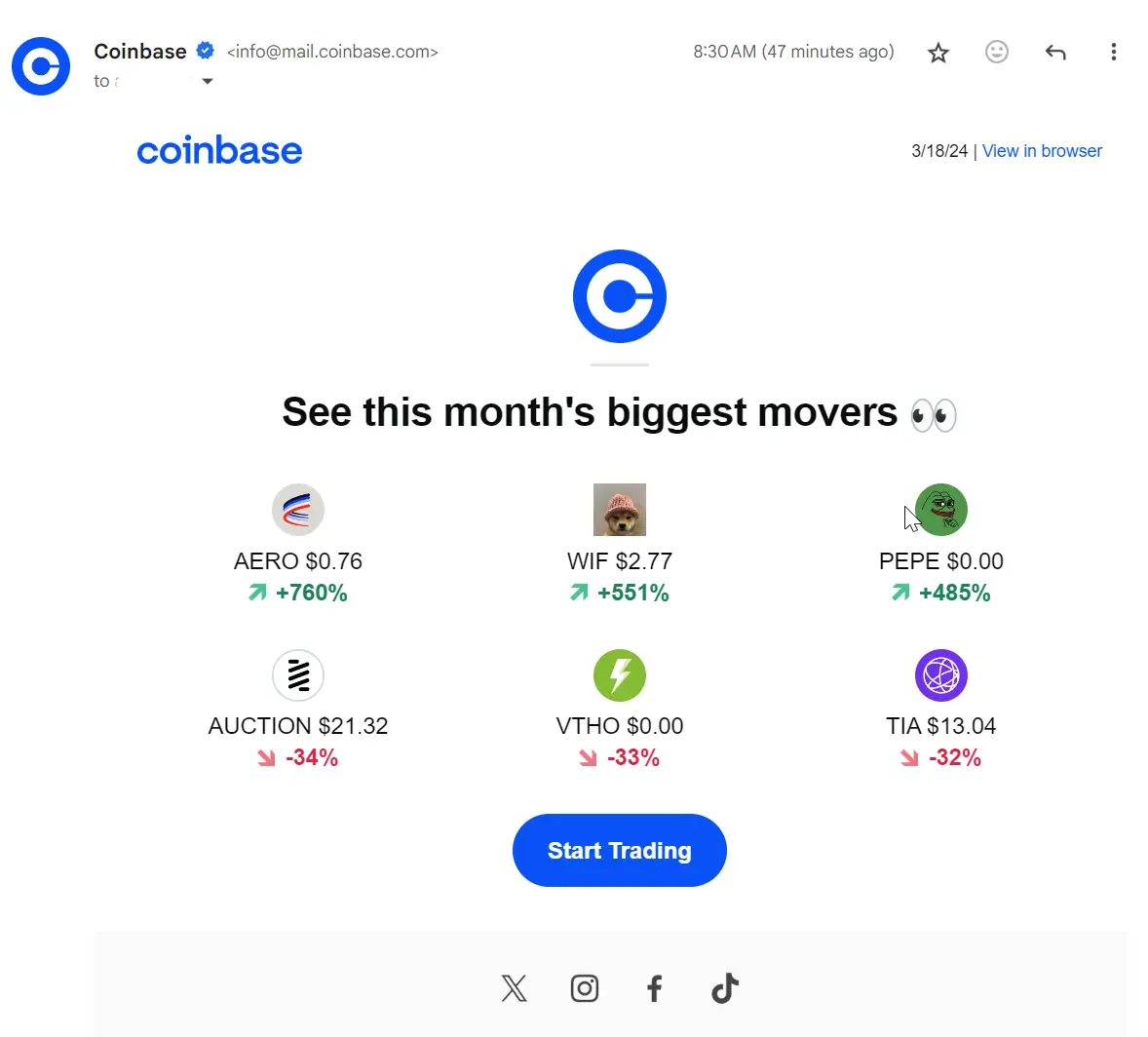 Coinbase marketing email