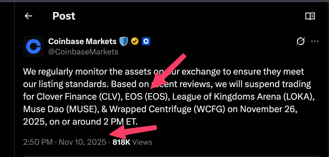 Coinbase delists EOS in November 2025