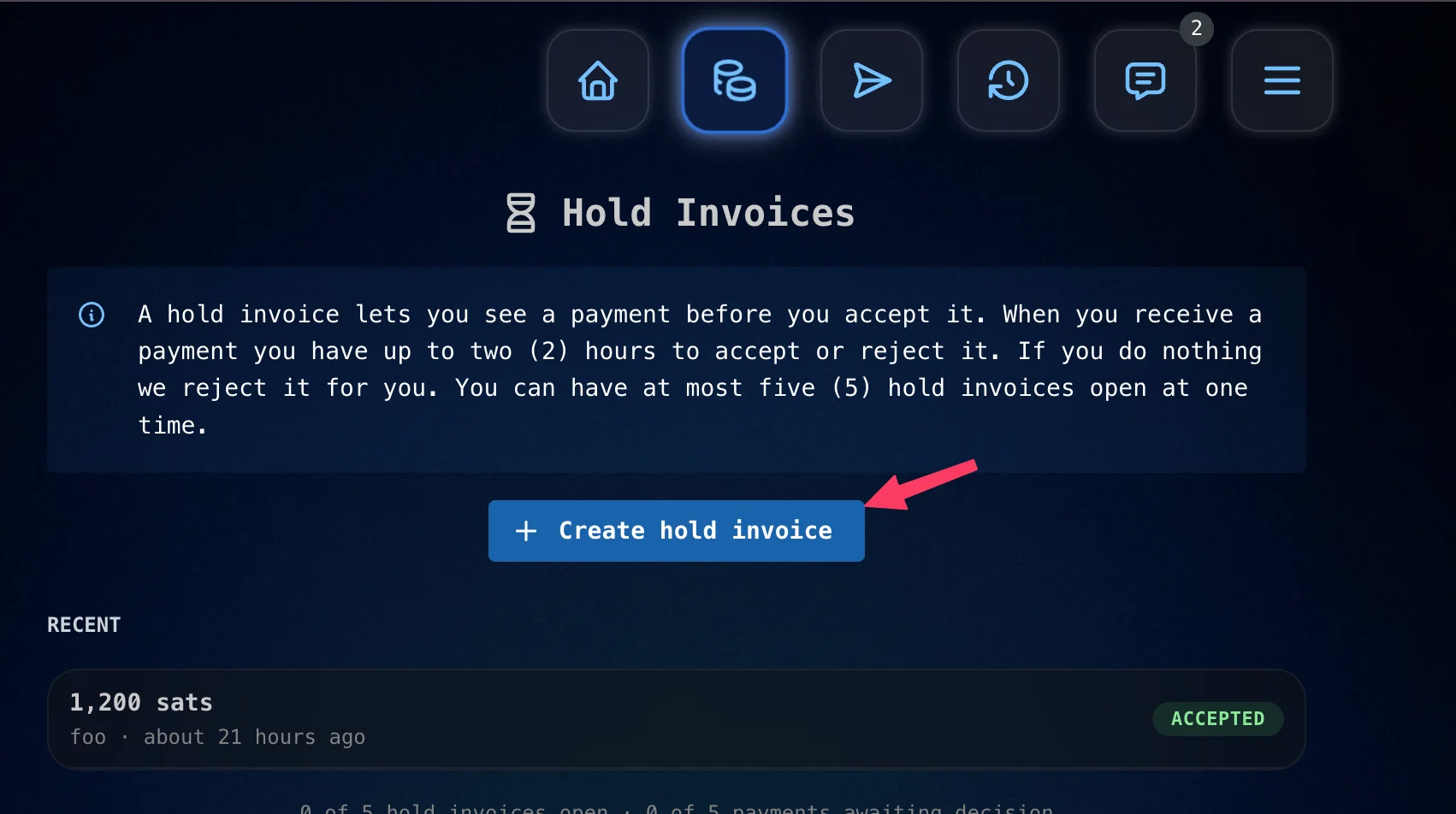 Tap 'Create hold invoice'