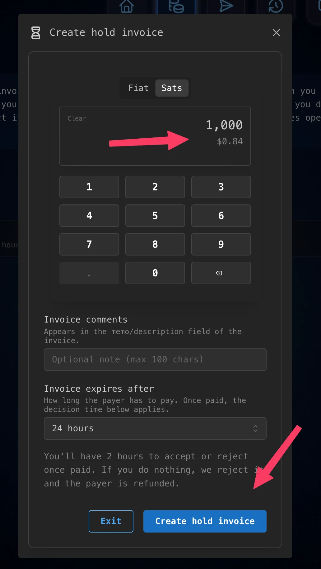 Enter the amount, then tap 'Create hold invoice'