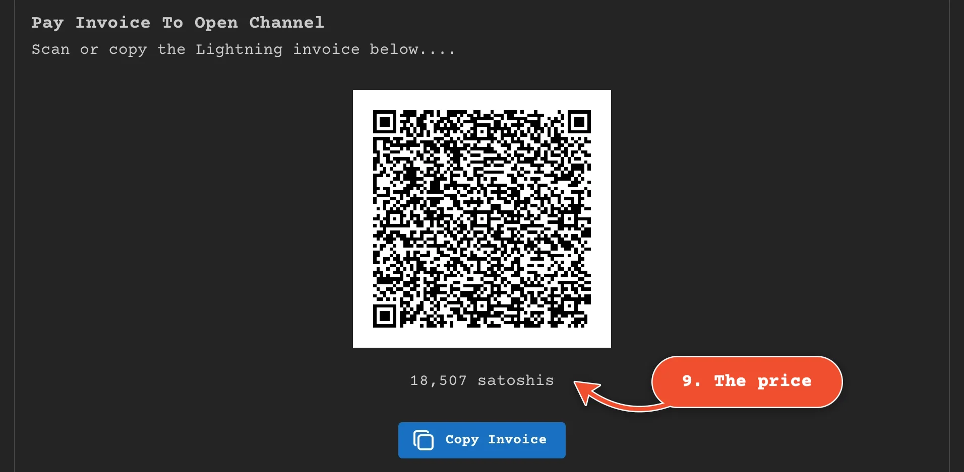 The invoice for the channel, with its price in sats (Oct 23, 2026)