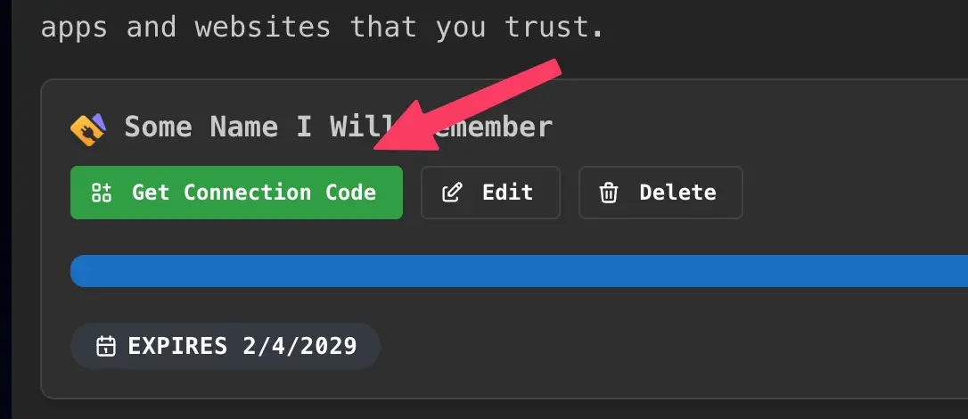 Tap 'Get Connection Code' to retrieve your NWC string
