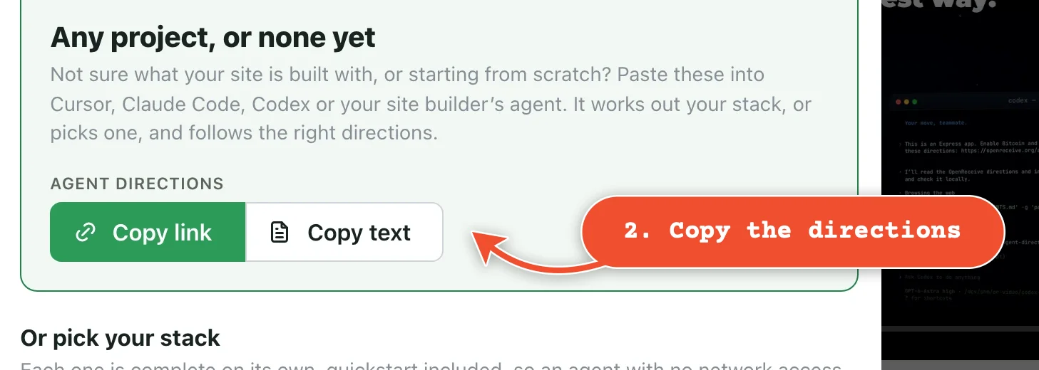 Then, under 'Start here', click 'Copy text' and paste it into your coding agent
