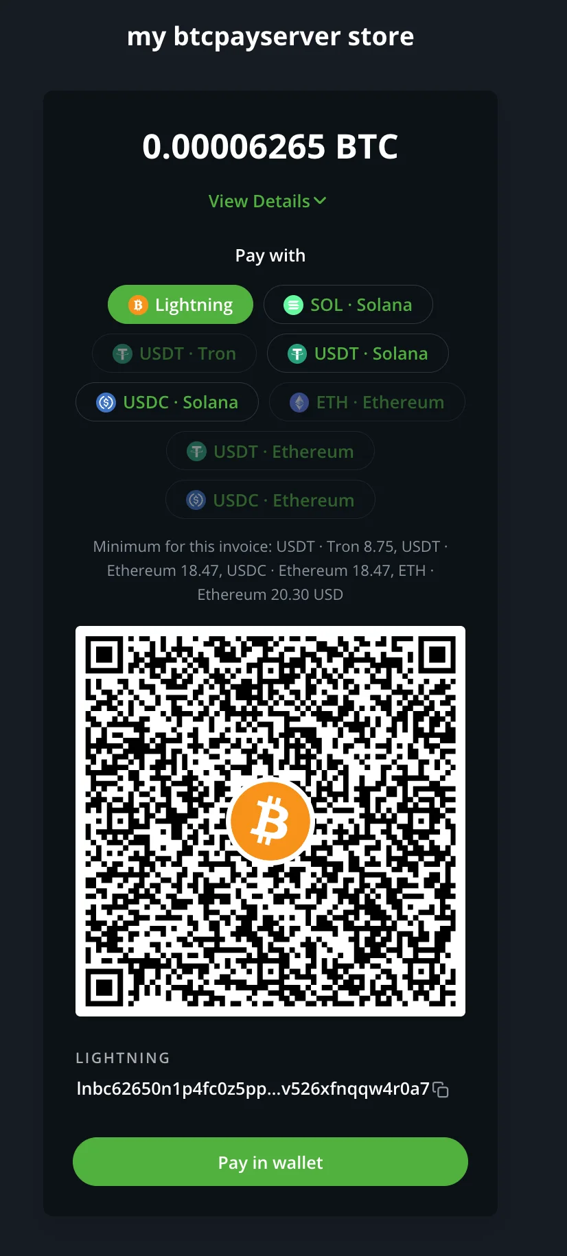 The checkout offers Lightning, plus one option for each asset your swap provider supports