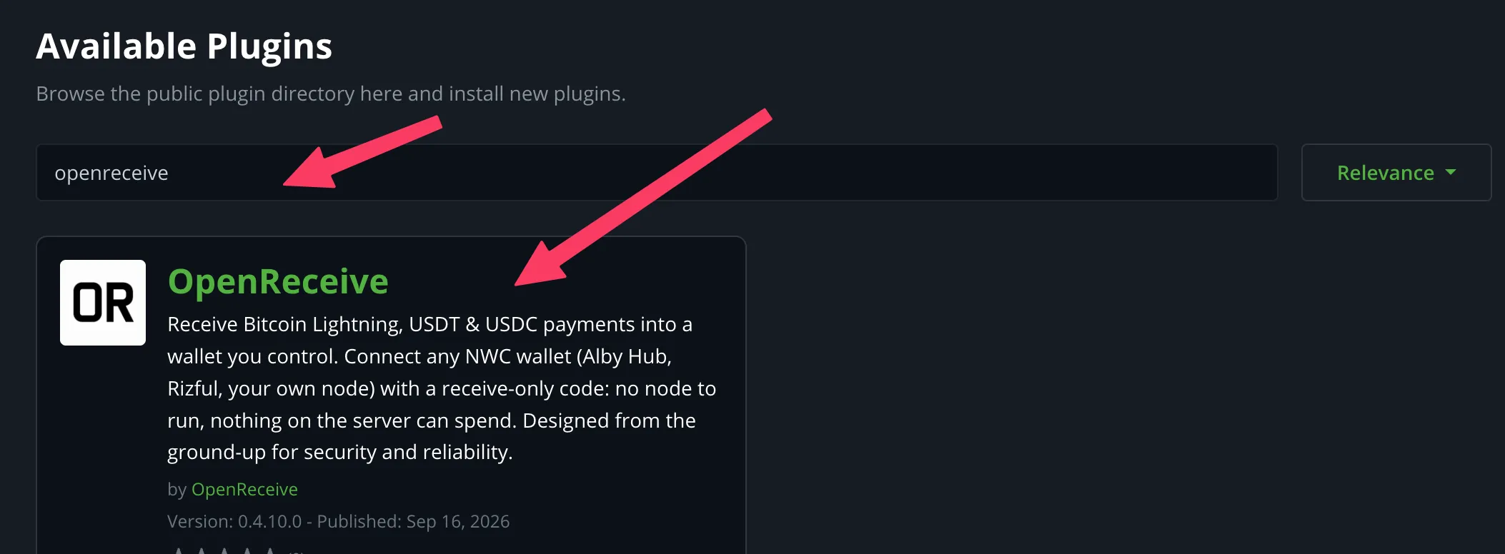 Search for 'openreceive', then click the 'OpenReceive' result