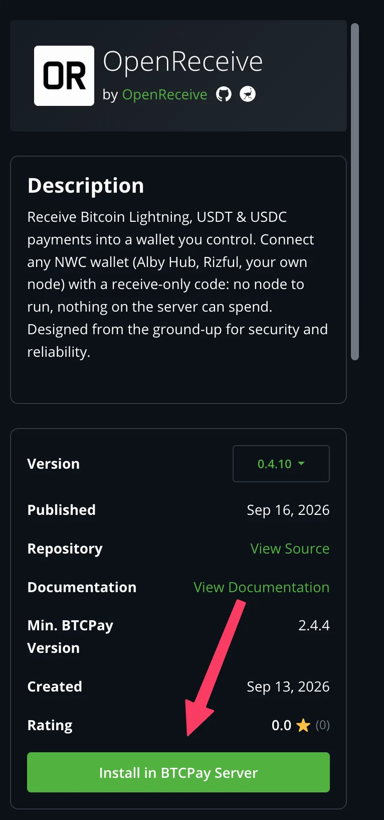 Click 'Install in BTCPay Server' and confirm. Then click 'Restart now' and wait for BTCPay to come back