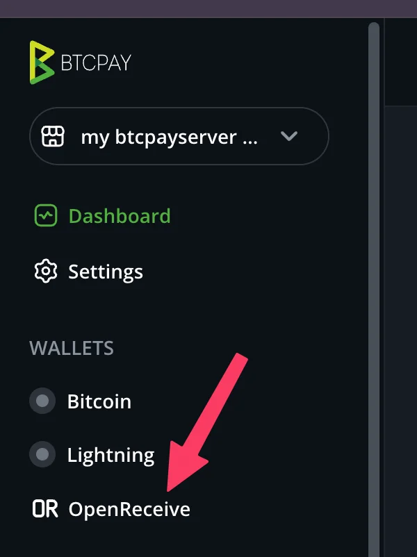 Select your store, then click 'OpenReceive' in the sidebar, under Wallets