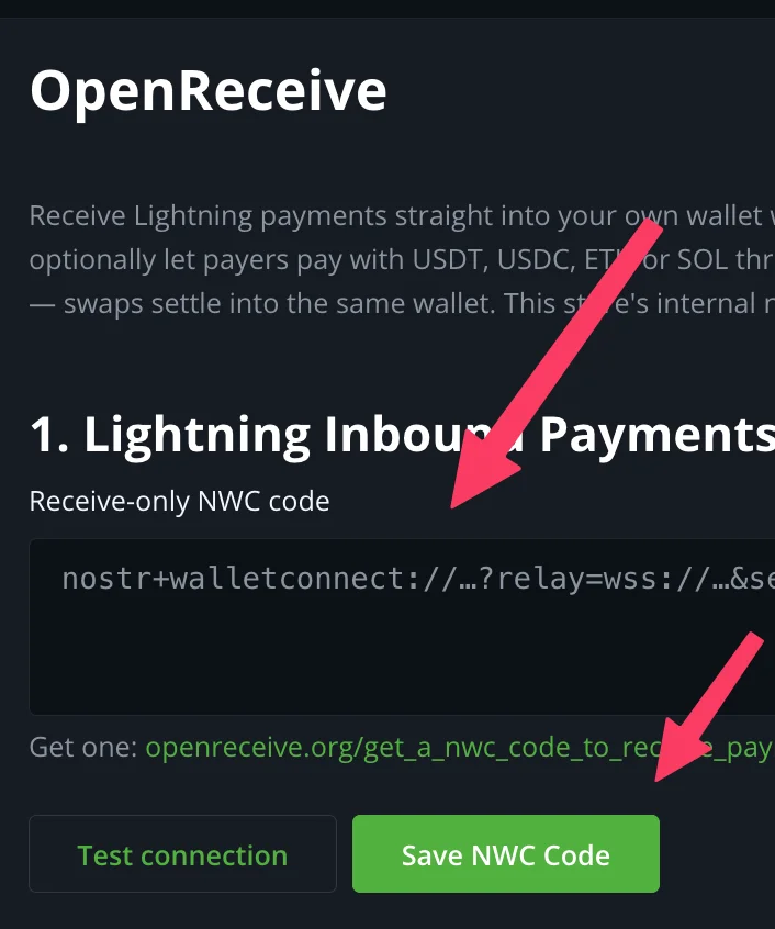 Paste your receive-only NWC code from Rizful and click 'Save NWC Code'. Click 'Test connection' first if you want to see what the wallet supports
