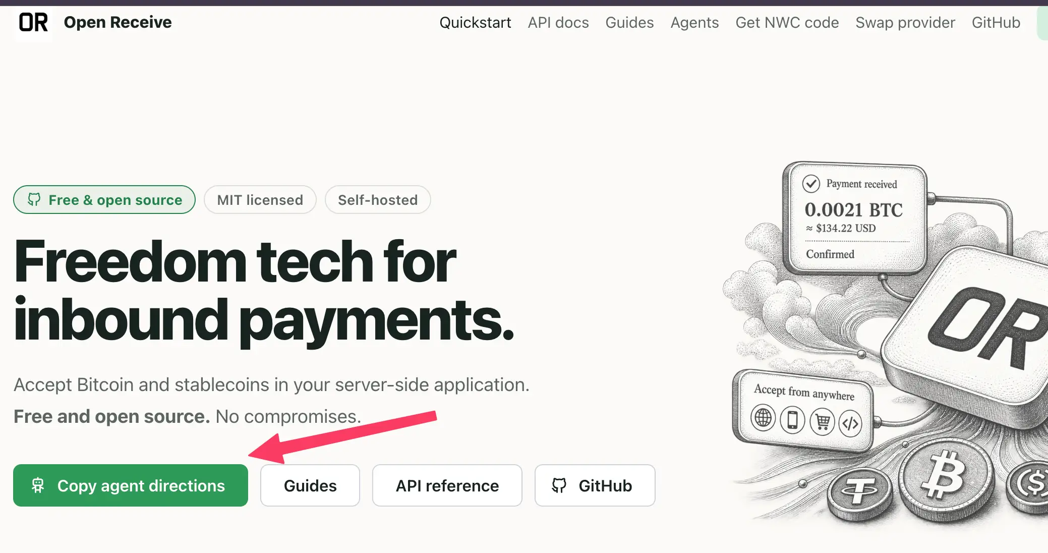 On openreceive.org, click Copy agent directions to put a complete, self-contained integration prompt on your clipboard.