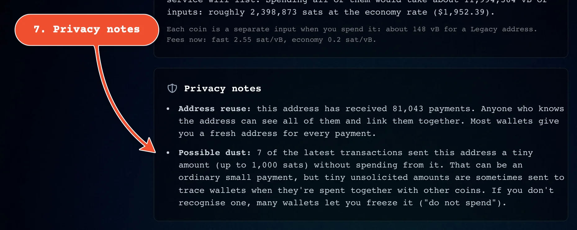 Privacy notes: address reuse and possible dust