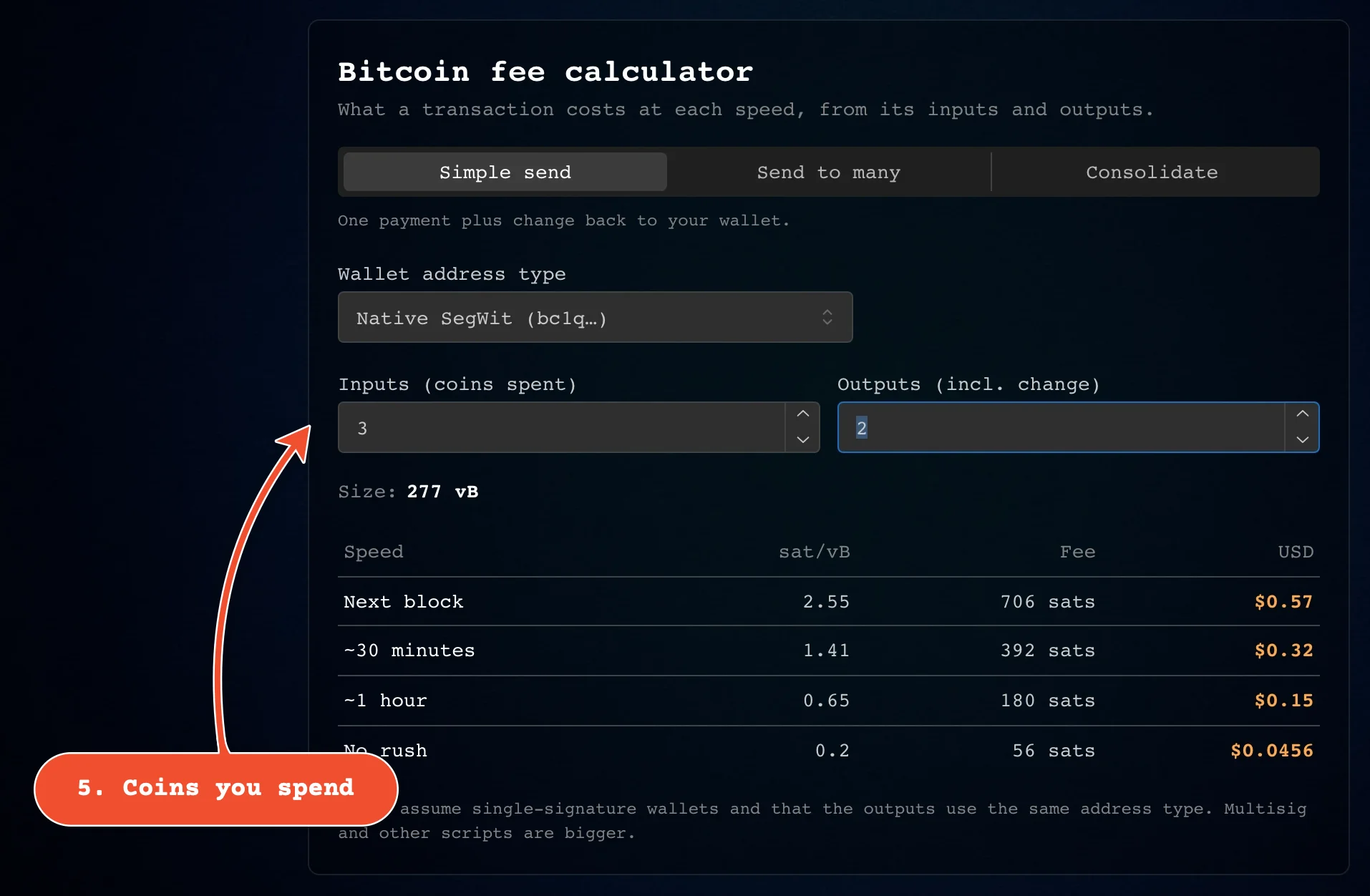 Enter how many coins your wallet will spend