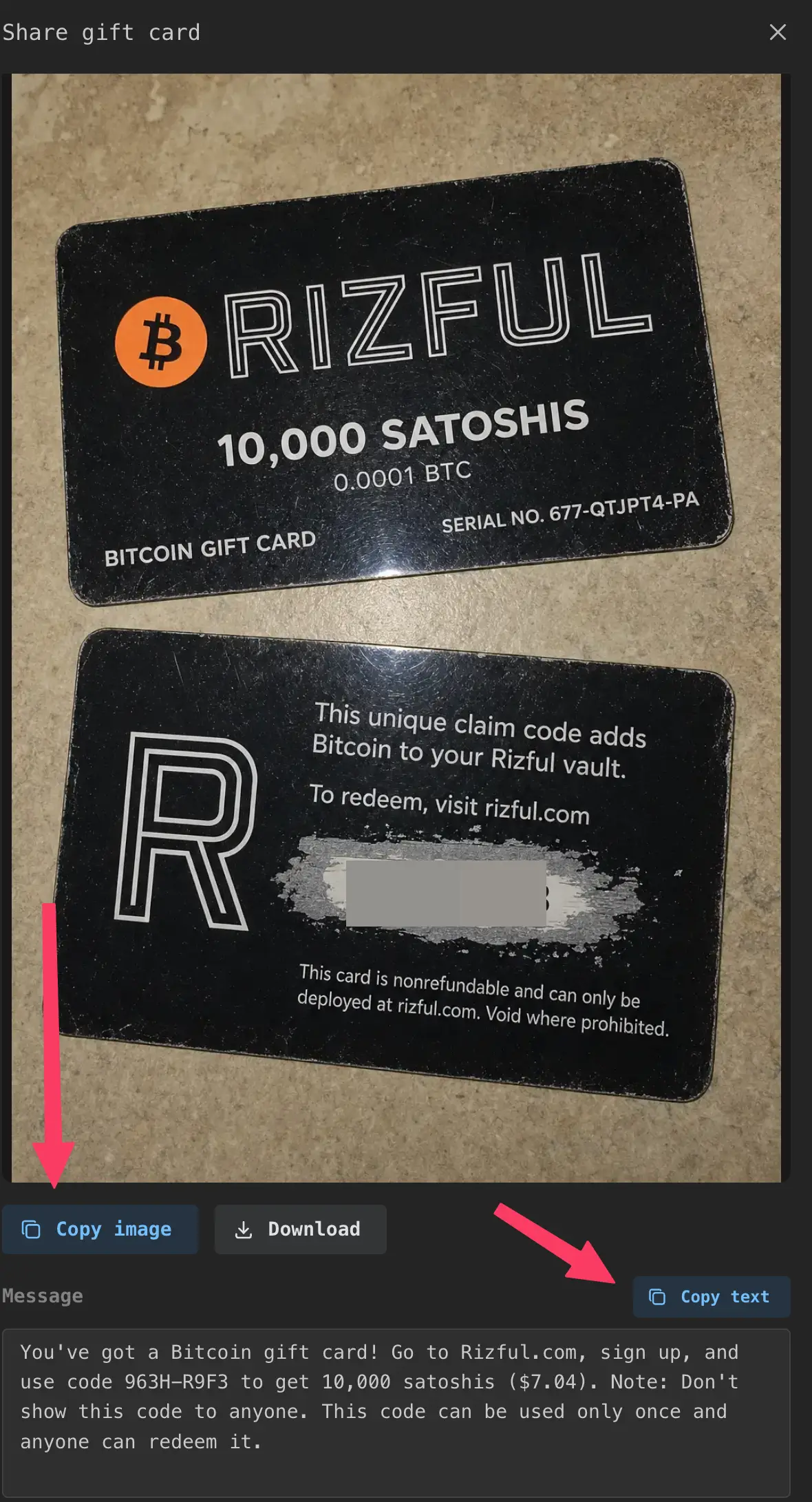 Copy the image, download it, or copy the text message.