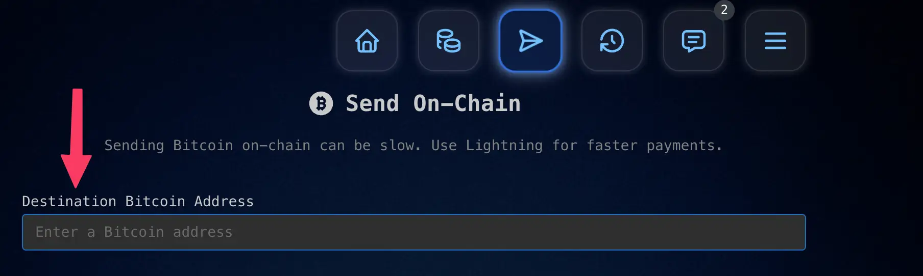 Enter a Bitcoin address to send on-chain