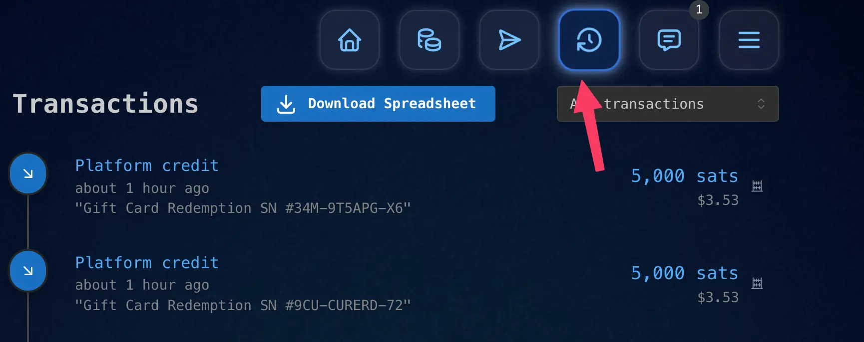 Redeemed gift cards appear in Transactions.